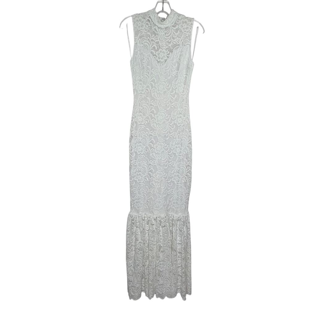 Bebe White Floral Lace Mock Neck Maxi Mermaid Gown Dress Women's XS